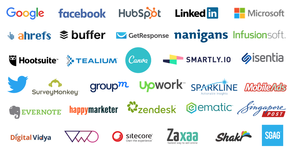 Logos of companies whose leaders have spoken at Digital Marketing Summit Asia, including Google, Facebook, HubSpot, LinkedIn, Microsoft, Ahrefs, Buffer and Canva
